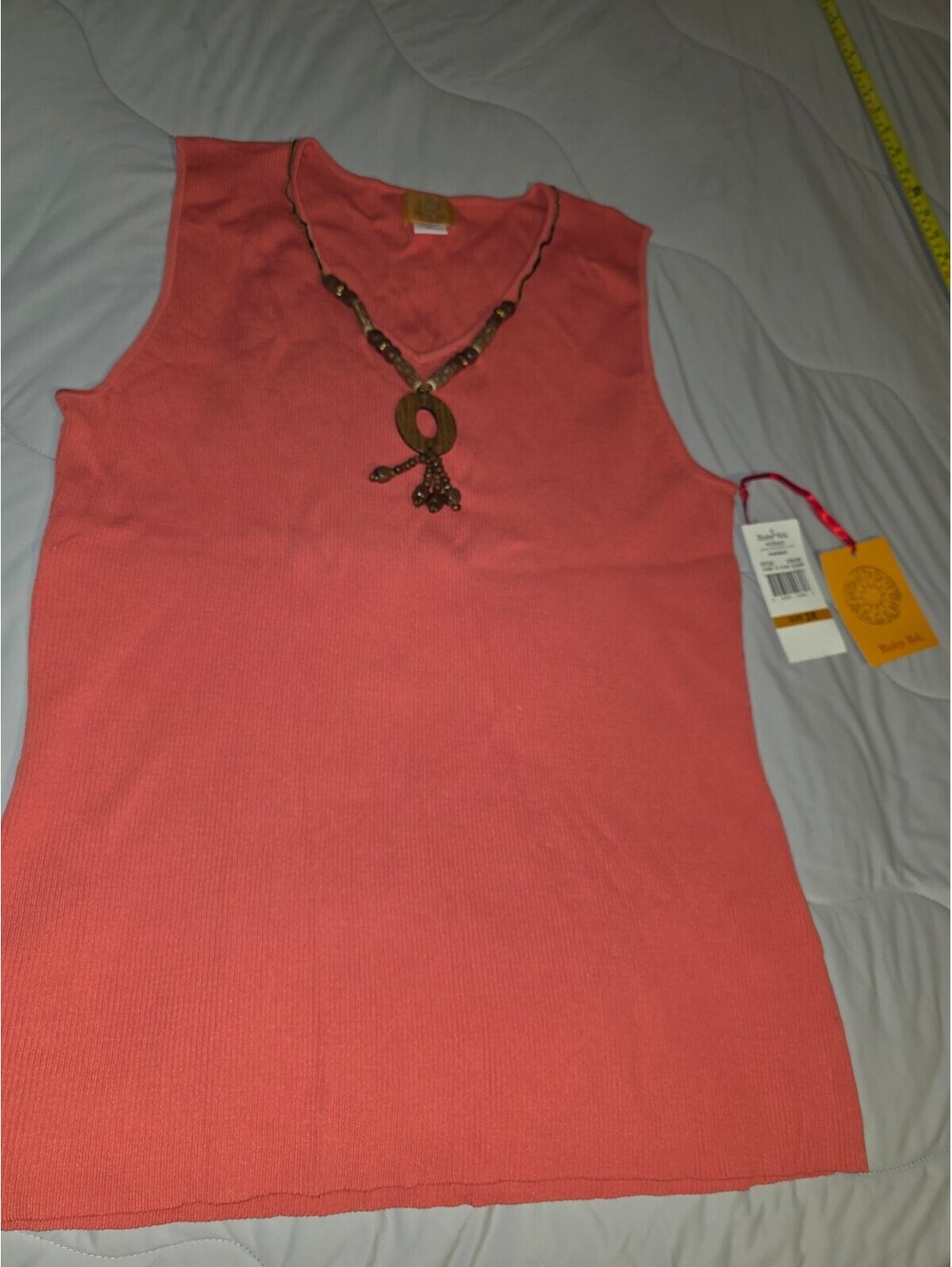 Ruby Rd Women Y2K Ribbed Knit Tank Top Size 3XL Wooden Beaded Coral Resort Beach